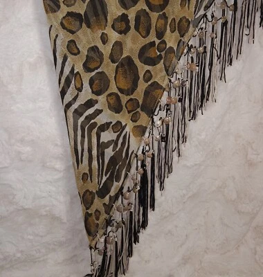 Beach Cover Up Aminal Print Scarf Wrap Fringe Tassels Hanging Shells Triangle - Image 1 of 4