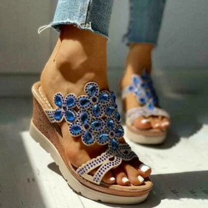 Summer Womens Rhinestone Sandals Wedge Platform New Heel Pump Boho Slippers Shoe - Picture 1 of 15
