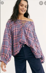 New We The Free Cloud Breaker Plaid Lace Up Blouse Size Medium - Picture 1 of 8
