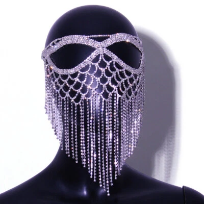 Face Mask Womens Cosplay Makeover Party Rhinestone Gold Prop Headpiece Harness - Image 1 of 4