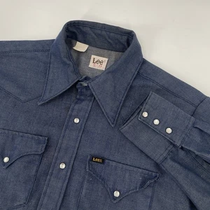 Vintage 70s Lee Chambray Denim Pearl Snap Western Shirt Mens Size 16-33 (L) USA - Picture 1 of 15