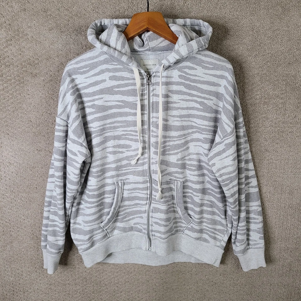 Sudadera con Capucha American Eagle Para Mujer XS Gris Estampado de Cebra Cremallera Completa Talla Grande Jegging Fit Foto 1 de 4