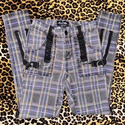 Calça jeans skinny xadrez roxa Royal Bones alça preta grunge gótica emo Y2K tamanho 3 - Imagem 1 de 4