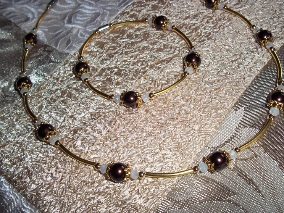 CONJUNTO Pulsera Collar Cuentas CRISTAL Marrón Perla y Cierre Magnético N-38 Foto 1 de 3