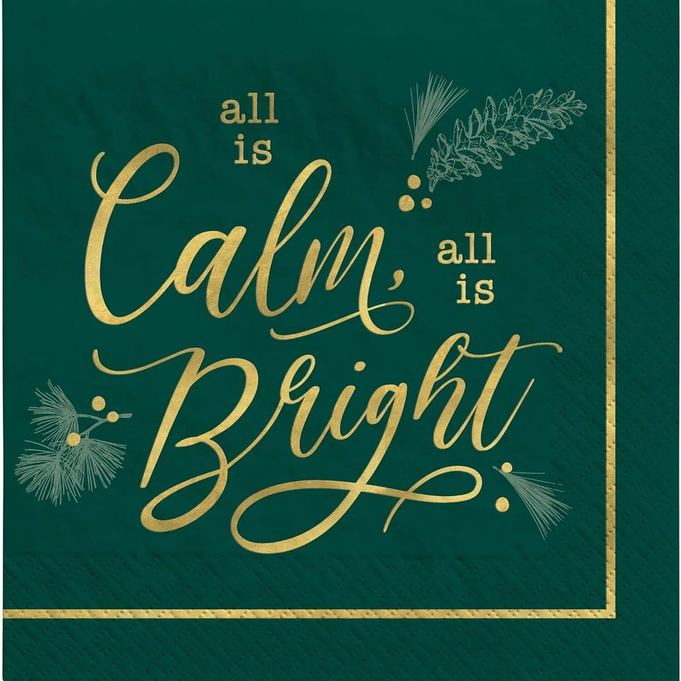Calm & Bright Classic Holiday Green White Christmas Party Paper Luncheon Napkins - Image 1 of 1