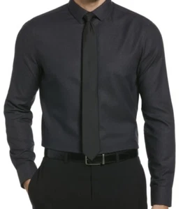 Perry Ellis Slim Fit Dobby Polka Dot Print Dress Shirt Black Sz. M 15 1/2-34/35 - Picture 1 of 6