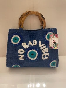 America & Beyond Small Tote Bag Blue Mystic Gaze No Bad Vibes Bamboo Handles NWT - Picture 1 of 4