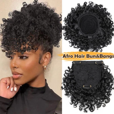 Drawstring Hair Bun Ponytail Curly Clip in Bangs Afro Wrap On Updo Synthetic US - Image 1 of 4