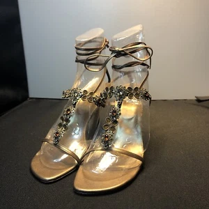 LN/EUC US7M STUART WEITZMAN BRONZE LEATHER STRAPPY 3.75" HEELED SANDALS SHOES - Picture 1 of 12