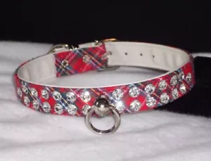 RHINESTONE DOG Pet Collar PLAID 2 rows CRYSTAL Jewel BLING in Tartan Blue or Red - Picture 1 of 17