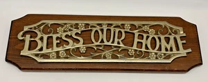 Vintage Sexton 1970s 80s Bless Our Home Metal Sign Wooden Plaque 17" x 5" - Picture 1 of 8