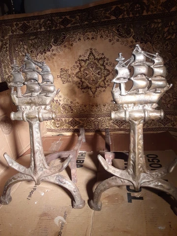 VINTAGE NAUTICAL ANDIRONS TALL SHIPS BIG ANCHORS ORIGINAL PATINA 16"Tx9.7"Wx17"D Cover