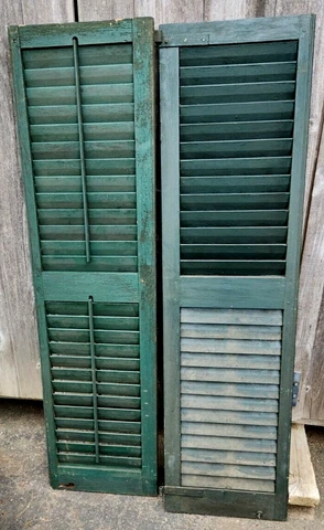 Pair 19th Century 1890's Louvered VICTORIAN House SHUTTERS 15" x 55" Green Cover