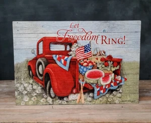 Summer Wall Art Print on Wood Susan Winget Patriotic Red Truck Let Freedom Ring - Imagen 1 de 4