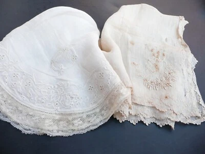 2 mouchoirs  de mariée ancien brodé en linon fond de bonnet - Photo 1/4