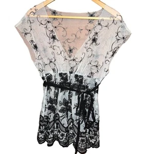 Karen Kane Sheer Blouse V Neck Black Tan Lace Medium - Picture 1 of 6