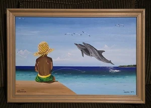Dipinto originale Leo Brown: "Island Boy" 1997 artista delle Bahamas, delfini da pesca - Foto 1 di 12