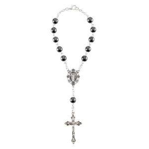 Hematite One Decade Auto Mirror Rosary-7 1/2" - W/ Plastic Case (BK-18103) - Picture 1 of 2