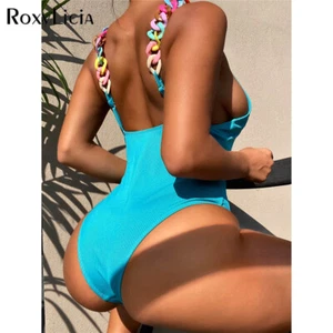 Sexy Traje de Baño Monokini Acolchado Cuello en V Anillos Coloridos Una Pieza Acolchado Traje de Baño - Imagen 1 de 11