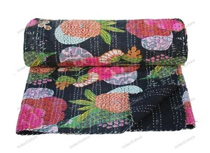 Double Vintage Quilt Bed Runner Kantha Flower Pattern Bedspread Cotton Blanket - Picture 1 of 7