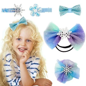 Snowflake Hair Clips Bows Lace Sequins Glitter Frozen Dress Up Hair Accessories - Picture 1 of 3