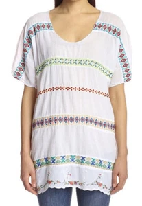 JOHNNY WAS BOHO CHIC EMBROIDERED DAISY EYELET VOILE COTTON BLOUSE TUNIC WHITE M - Picture 1 of 4