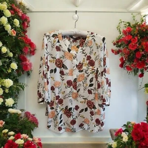 NYDJ Pintuck Blouse Womens Size 1X Floral 3/4 Sleeves Tunic Top White Rust Green - Picture 1 of 8