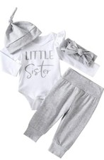 Baby Girls 4Pcs Outfit Top Gray Pants Headband Hat Clothes 3-6 Mo Little Sister