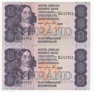SOUTH AFRICA 2 X 5 RAND 1982 - 1985 PICK 119 C RUNNING NUMBERS UNC - Picture 1 of 2