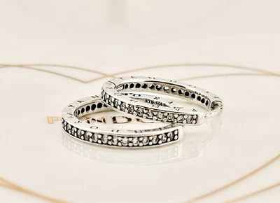 New 100% Genuine Pandora Pave Sparkle & Pandora Logo Hoop Earrings 290558CZ - Image 1 of 4