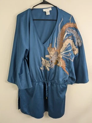 Blusa de satén Soft Surroundings para mujer grande azul bordada manga larga Foto 1 de 4