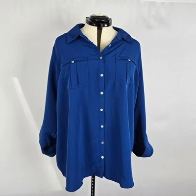 Blusa para mujer Oh Baby by Motherhood con botones 1X manga enrollable azul maternidad Foto 1 de 4