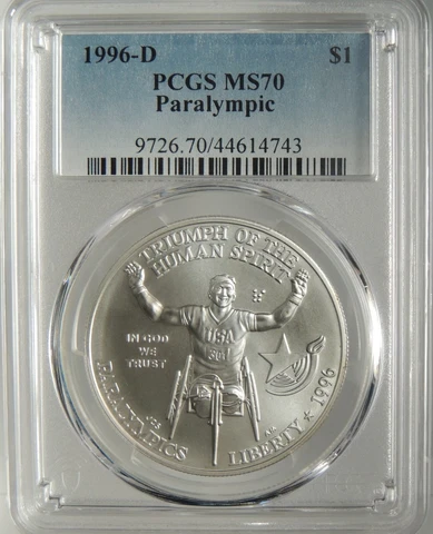1996-D $1 PARALYMPIC COMMEMORATIVE SILVER DOLLAR PCGS MS70 #44614743 TOP POP! Cover