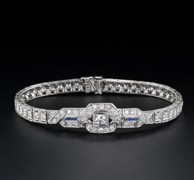 Pulseiras finas sob medida geométricas design art déco branco claro CZ e safira azul - Imagem 1 de 4