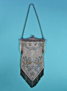 Antique Mandalian Mfg Co. USA Enamel Metal Mesh White/Blue/Gold Flapper Purse - Picture 1 of 12