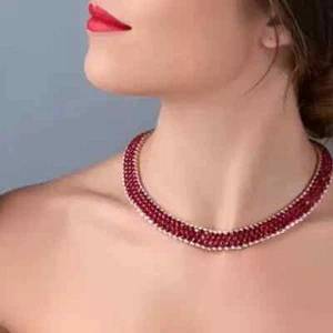 60Ct Round Cut Lab Created Ruby Three-Row Necklace 14k White Gold Finish - Picture 1 of 6