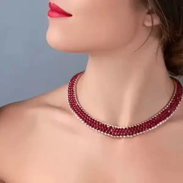 60Ct Round Cut Lab Created Ruby Three-Row Necklace 14k White Gold Finish - Image 1 of 4