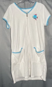 Adonna Swim Robe Girls Medium Zippered Fish Pockets Pool Beach Blue Trim - Picture 1 of 11