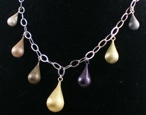 Estate Vintage Italy Brushed Multi Color Large Sterling Silver Teardrop Necklace - Picture 1 of 12