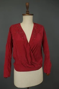 THE KOOPLES Red Silk Long Sleeve Deep V-Neck Casual Pullover Blouse Top Size M - Picture 1 of 13