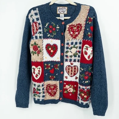 Cárdigan Suéter Vintage Reliquia Coleccionables Patchwork M Corazones Casa Abuela Foto 1 de 4