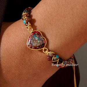 Pulsera curativa trenzada doble cuentas corazón jaspe azul rojo natural - Imagen 1 de 15