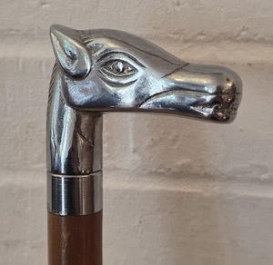 VINTAGE* SILVER TONE HORSE HEAD HANDLE WALKING CANE STICK - Picture 1 of 13