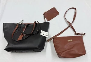 BEBE TRISTA 3 Piece Reversible Black + Brown Tote Bag Shopper  Purses NEW - Picture 1 of 11