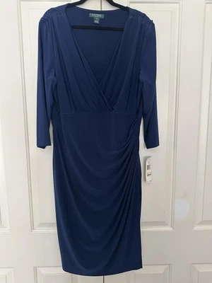 Lauren Ralph Lauren Dress Womens 18W Deep Sapphire Ruched Faux Wrap 3/4 Sleeve - Image 1 of 4