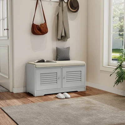 Banco de almacenamiento de zapatos de 28,74 pulgadas cojín de gabinete de 2 puertas estantes ajustables entrada Foto 1 de 4