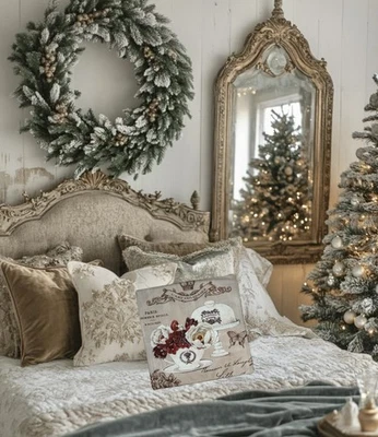 Shabby Chic 法国乡村枕头套牡丹花卉 FleurDeLis 滚动印花 17 英寸 — 第 1/4 张图片