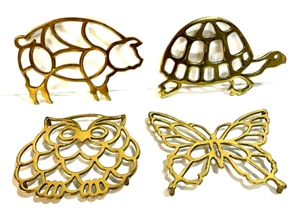 4 Vintage Brass Trivets OWL TURTLE BUTTERFLY PIG Hot Plate Plant Stands India - Picture 1 of 10