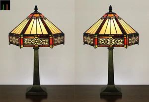 Pair of 2 JT Tiffany Stained Glass Six-Sided Vintage Style Bedside Table Lamp - Picture 1 of 9