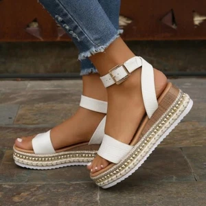Summer Sandals Buckle Strap Hemp Wedges Platform Peep Toe Shoes Women - Picture 1 of 15
